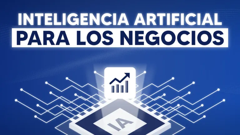 Portada del curso Inteligencia Artificial para los Negocios, con un gráfico de barras en alza sobre un chip de circuitos